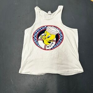 Vintage 90s women's oversized white Tweety bird sailor tank top